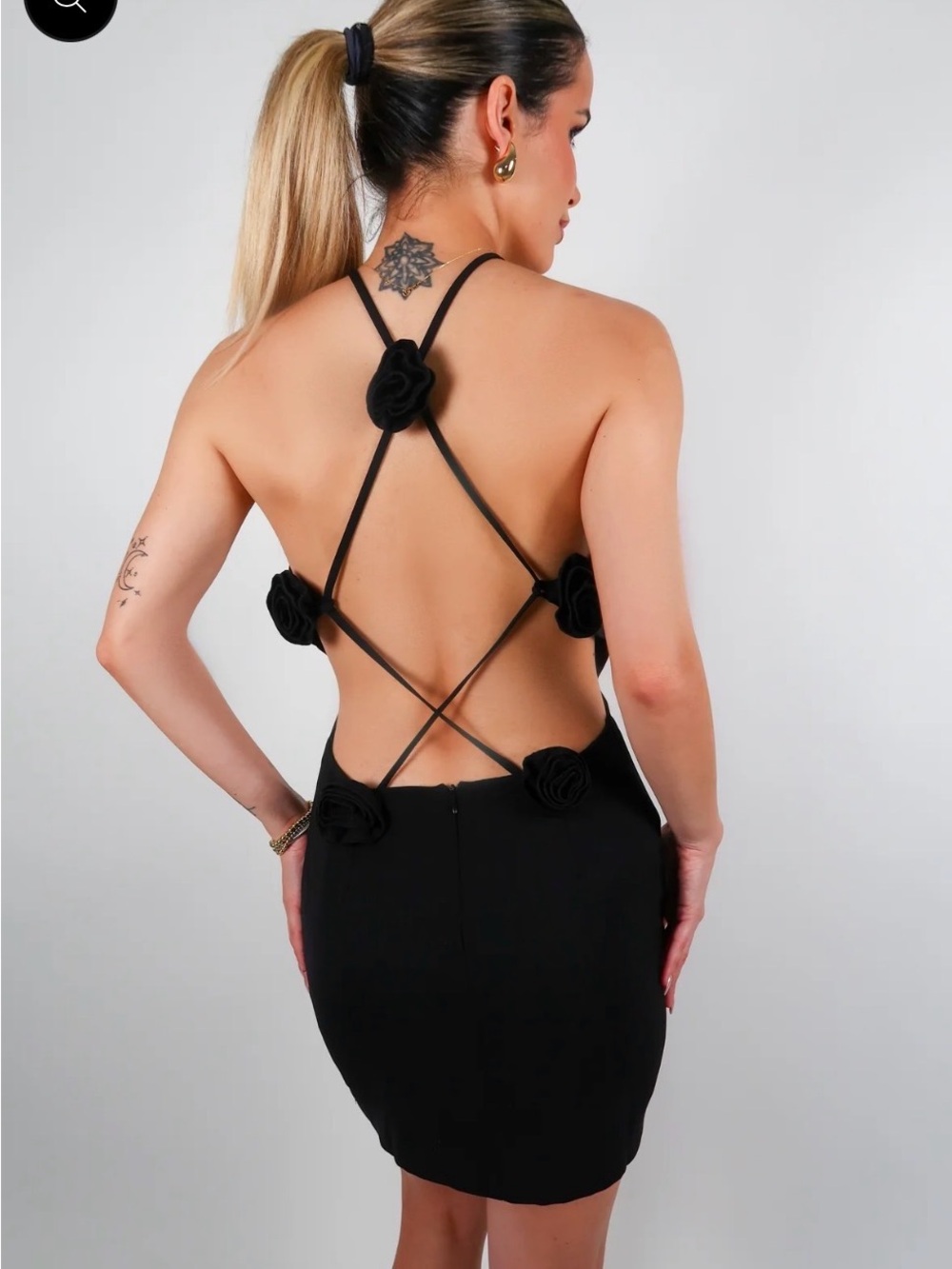 Luxxel Black Backless Strappy Rose-Accent Mini Dress